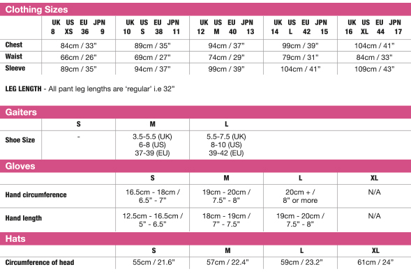 La Gear Clothing Size Chart